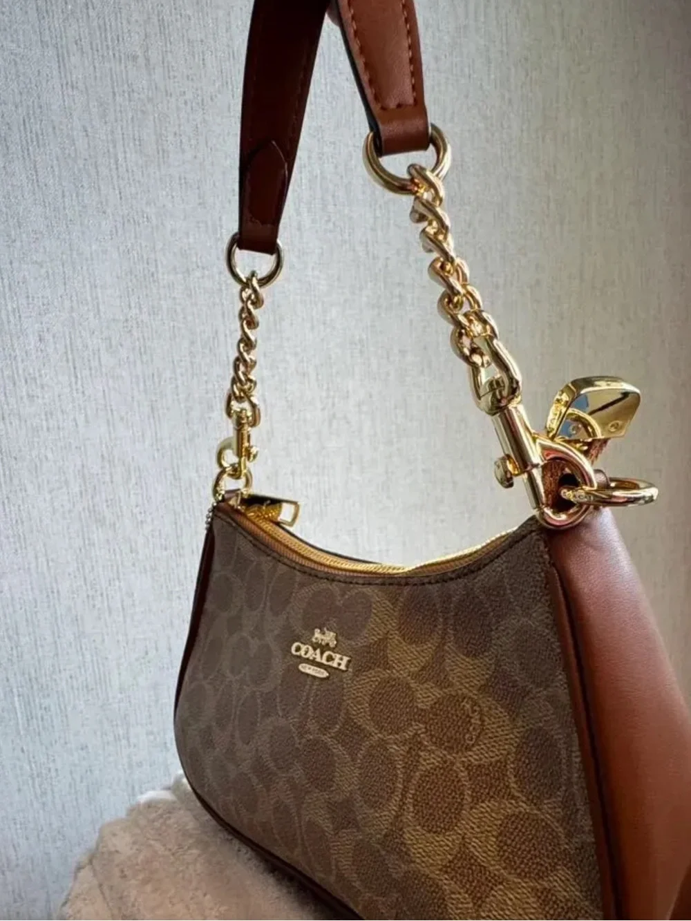 Coach Brown Signature Monogram Shoulder Bag with Gold Hardware